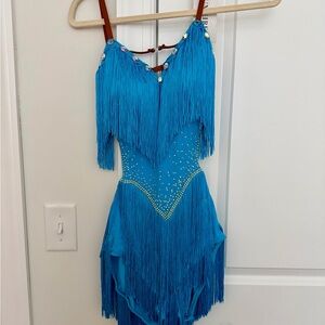 Ladies turquoise salsa Latin fringe costume L